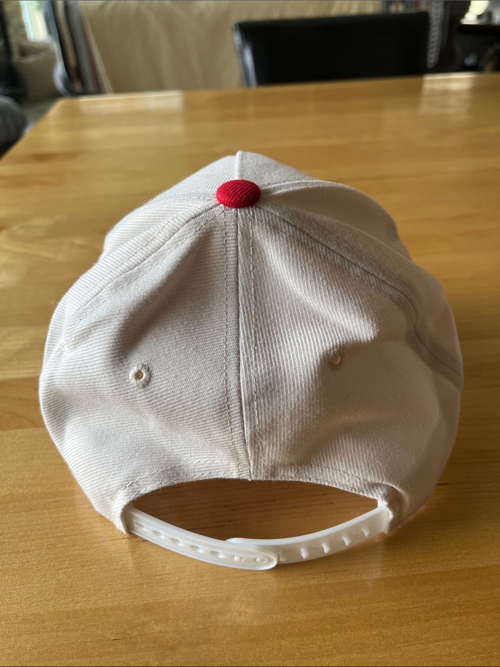 Cream and Red Baseball Cap with Blue 'Bad Day To Be A Hot Dog' Embroidery - Picture 2 of 2